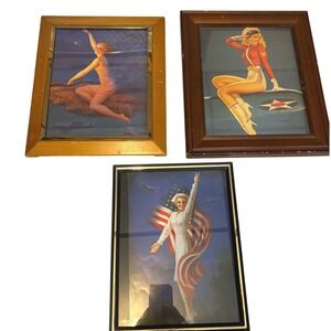 3 Vintage Pinup Girl Framed Prints Art‎ Deco WWII Aviation Glamour Wall Decor